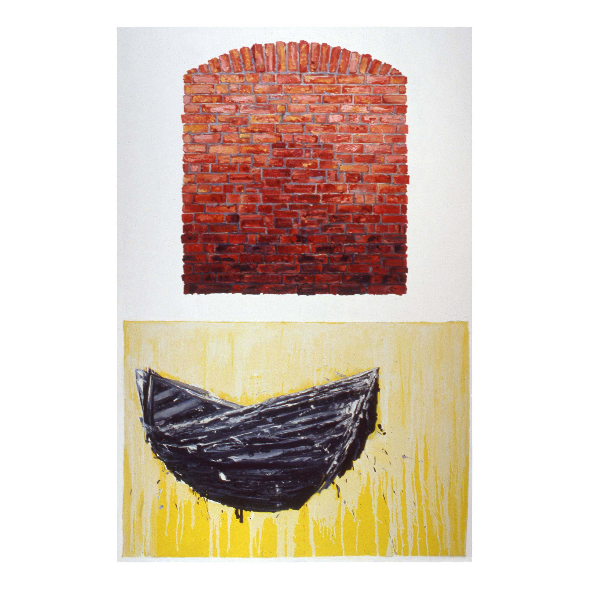 A painting by Vera Klement titled 'Lifeboat' depicting a blank red brick wall on a white background, beneath is an expressively painted lifeboat on a yellow background